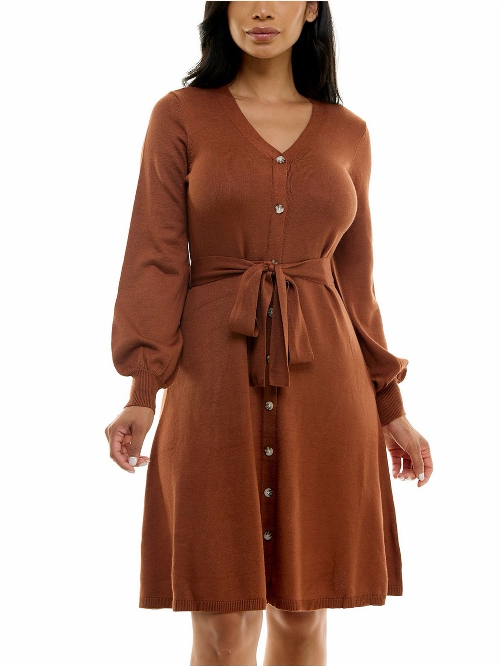 NWTNina Leonard Chestnut Brown Button Front Sweater Knit Midi Dress w/ Tie Belt